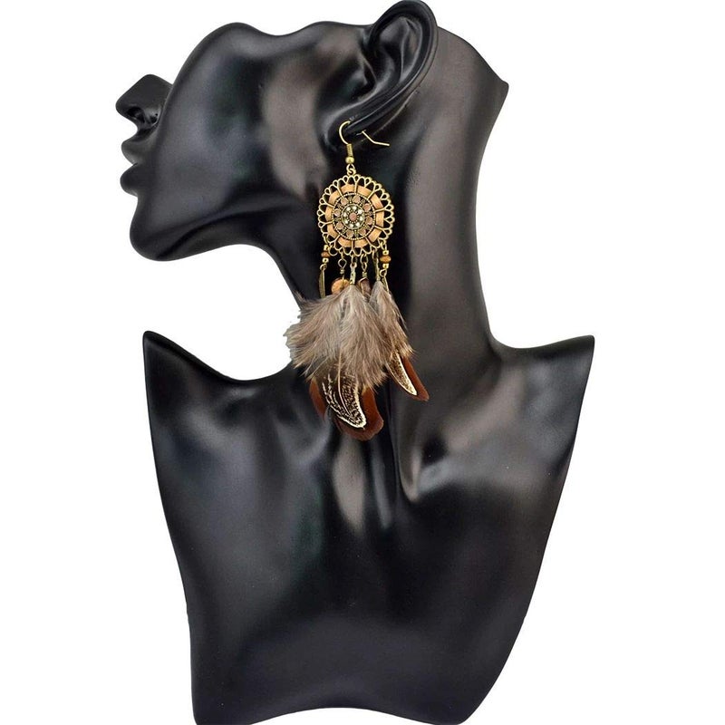Idealway Punk Vintage Long Tassel Feather Beads Drop Wolf Tooth Pendant Earring Fish Hook Earrings (Brown B) - Image 3